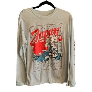 Japan Hokusai wave Japanese hustle longsleeve silver blue tee shirt L